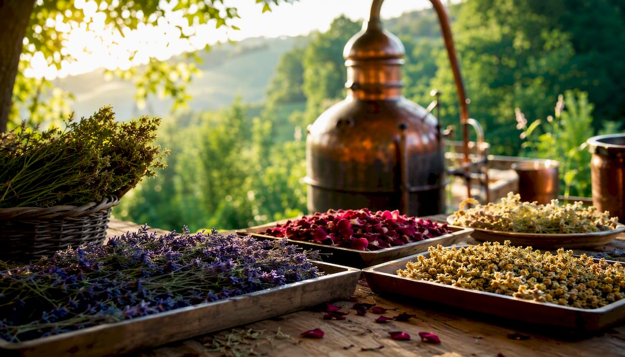 Plateau composé de plantes aromatiques et florales utilisées pour la préparation du gin.
