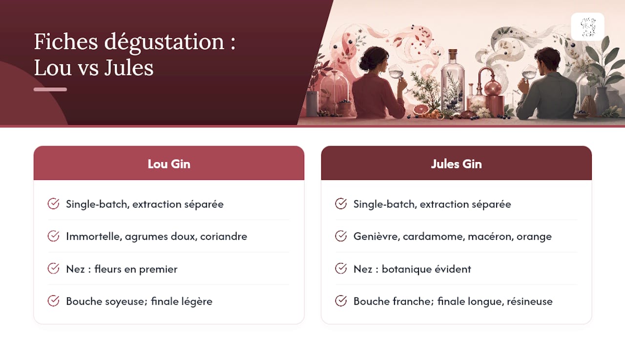 Gin de Chimay en pratique : fiches de dégustation sur Lou Gin et Jules Gin — overview diagram