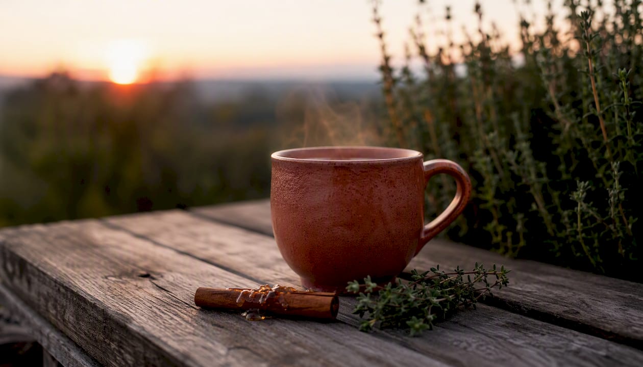 Digestif chaud au rhum épicé et miel de thym, laissant s’élever de fines volutes de vapeur.