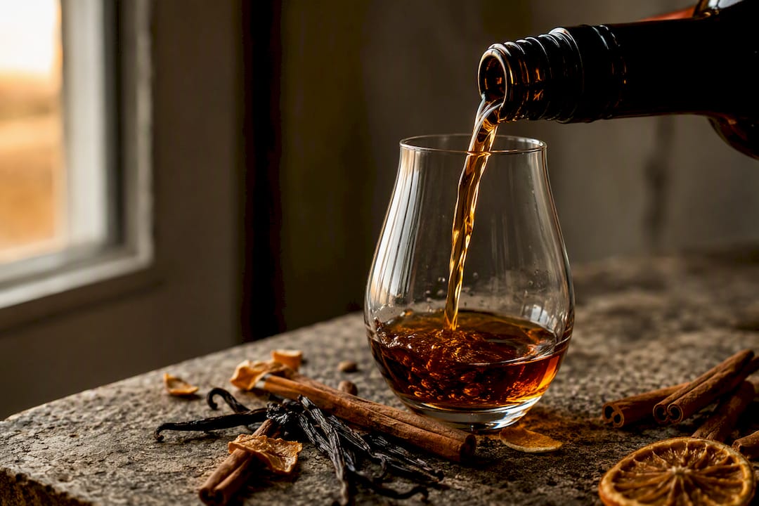 Versement de rhum épicé à la vanille et à la cannelle avec des épices