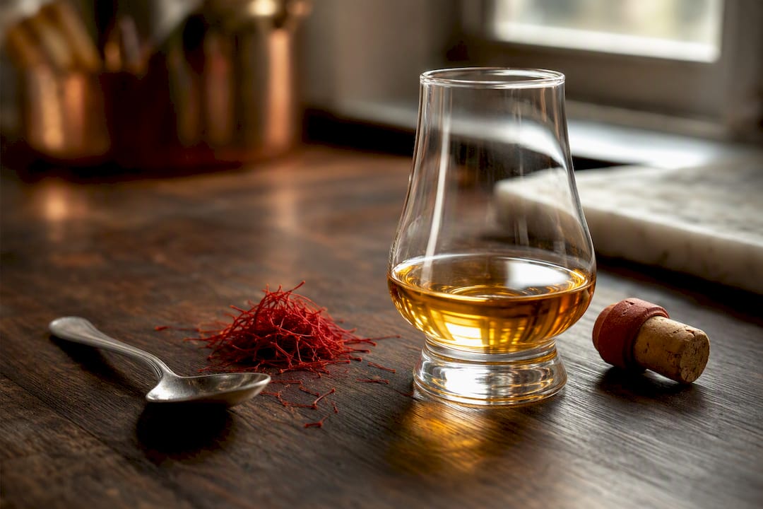 Safran et verre de dégustation doré