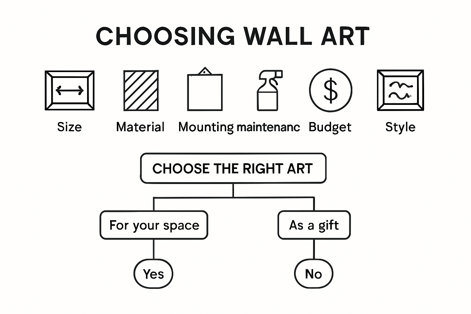 Infographic showing practical tips and decision tree for choosing wall art