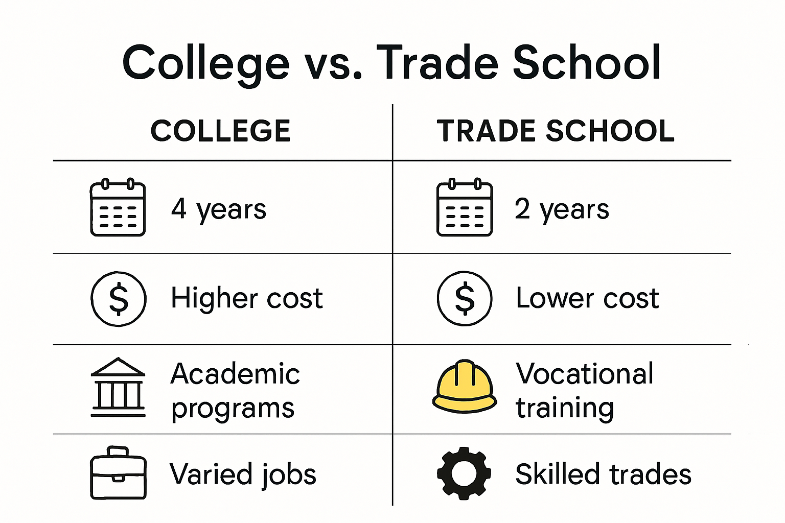 Trade school vs college side-by-side comparison infographic