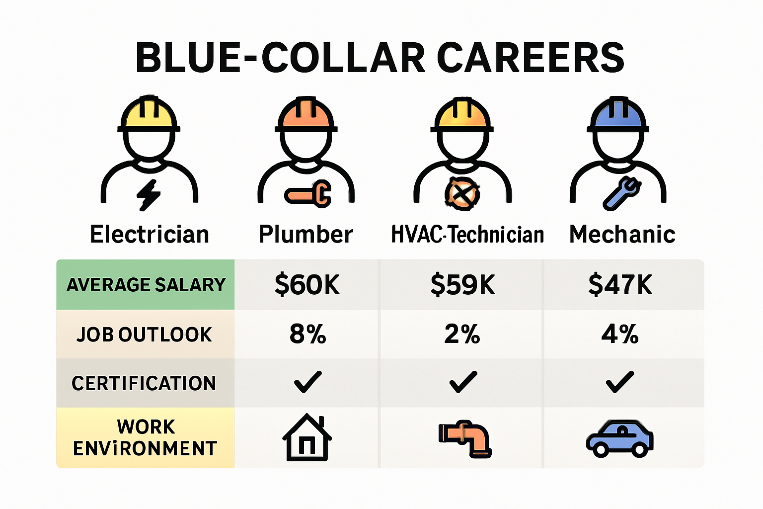 Infographic comparing salaries and job growth for top blue-collar trades