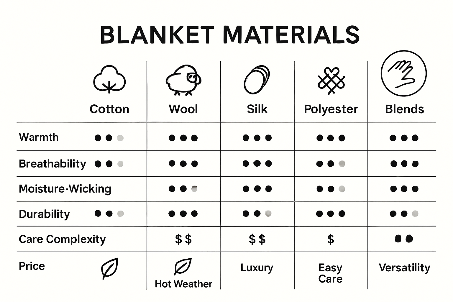 Infographic comparing blanket material properties and benefits