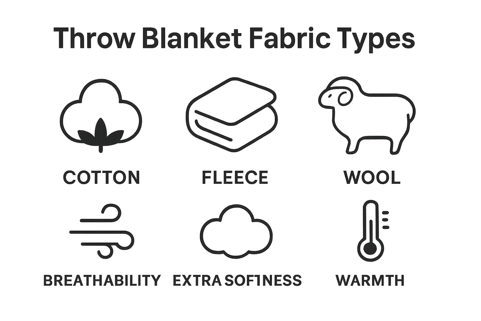 Infographic comparing cotton, fleece, and wool throw blankets by softness and warmth