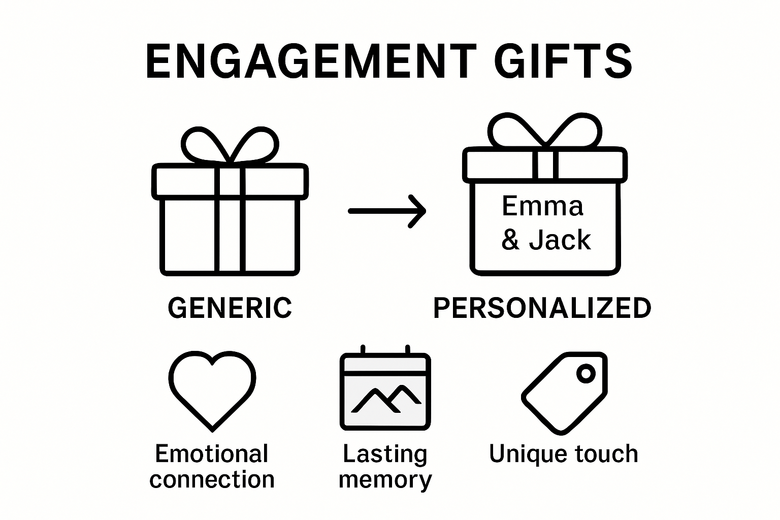 Comparison infographic: generic versus personalized engagement gifts, showing icons for emotional connection, memory, and uniqueness.