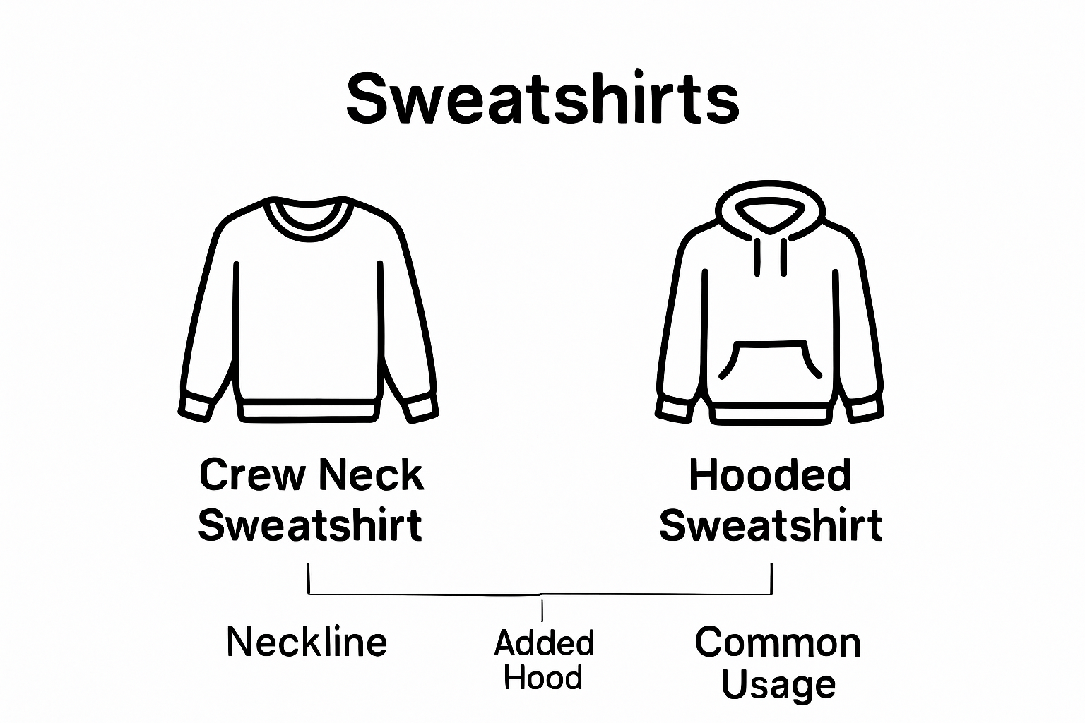 Simple visual comparison of crew neck and hooded sweatshirt features