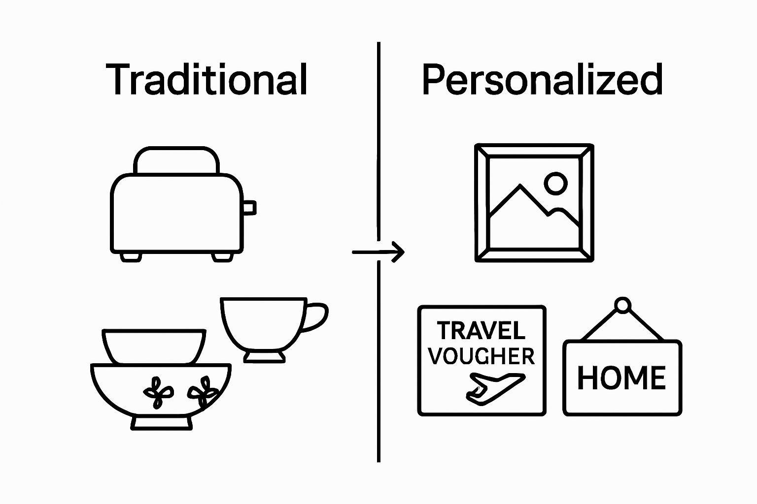 Comparison of traditional vs personalized wedding gifts using simple icons