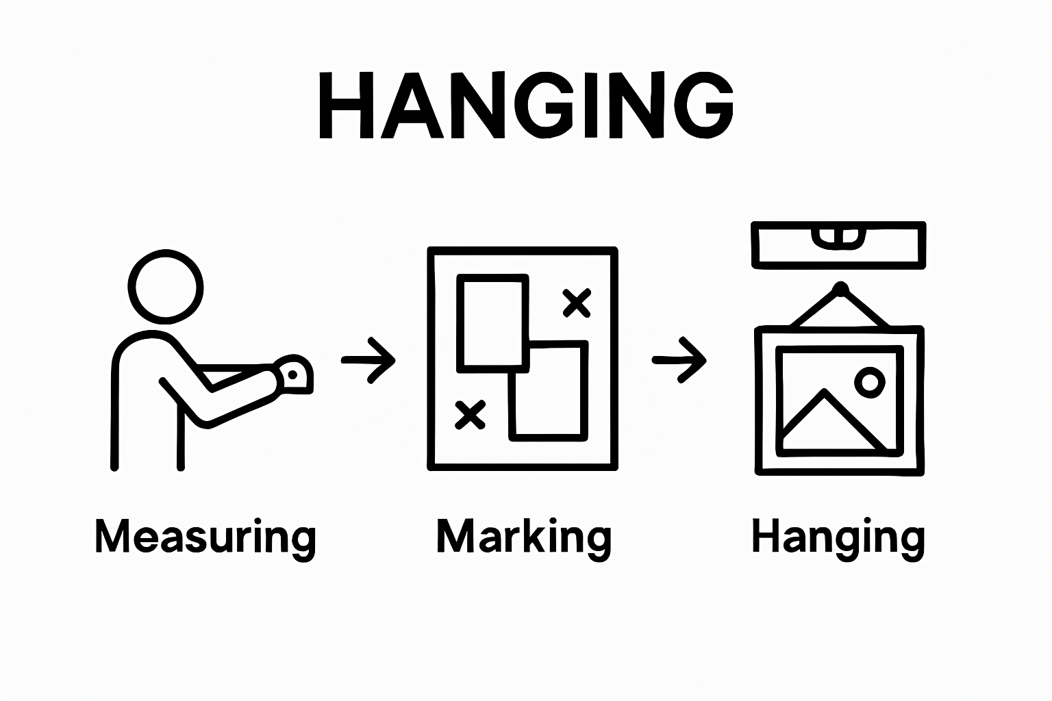 Three-step infographic showing measuring wall, marking placement, and hanging decor.