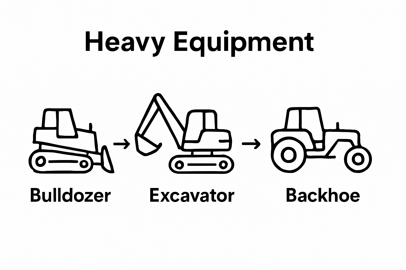 Four core heavy equipment types illustrated: bulldozer, excavator, backhoe, grader