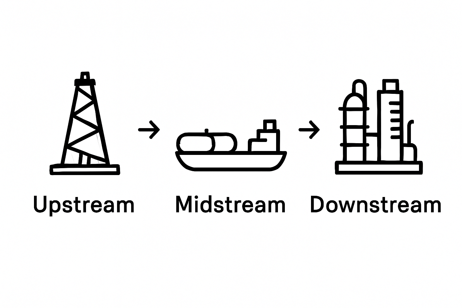 Simple oil patch ecosystem segmentation infographic with upstream, midstream, downstream icons