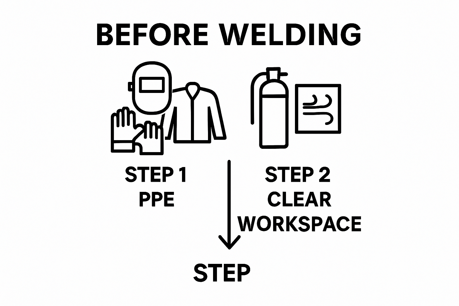 Infographic of two key welding safety prep steps—PPE and workspace setup