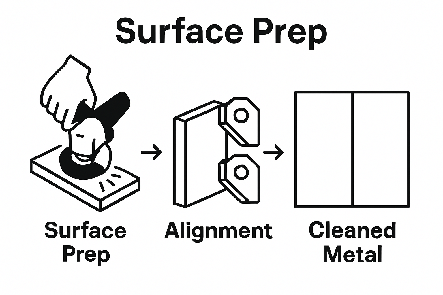 Infographic showing cleaning, clamping, and aligning metal before welding.