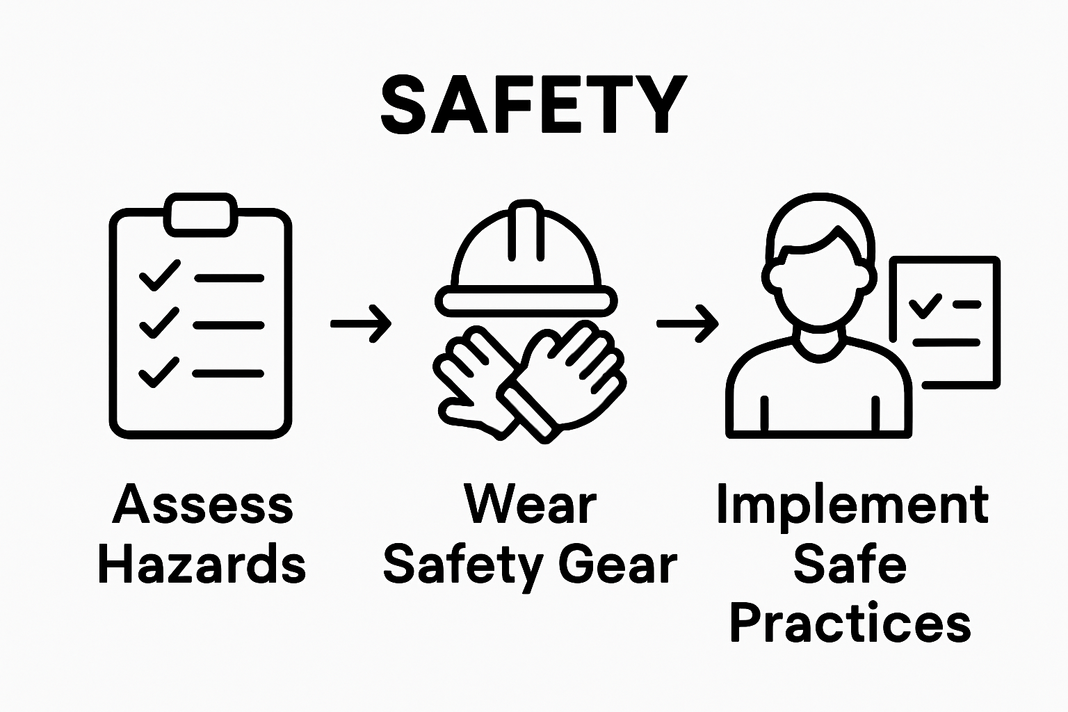 Infographic showing hazards assessment, safety gear, safe work steps.