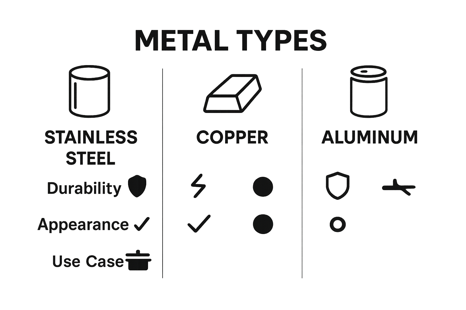 Infographic comparing stainless steel, copper, and aluminum for metal name signs