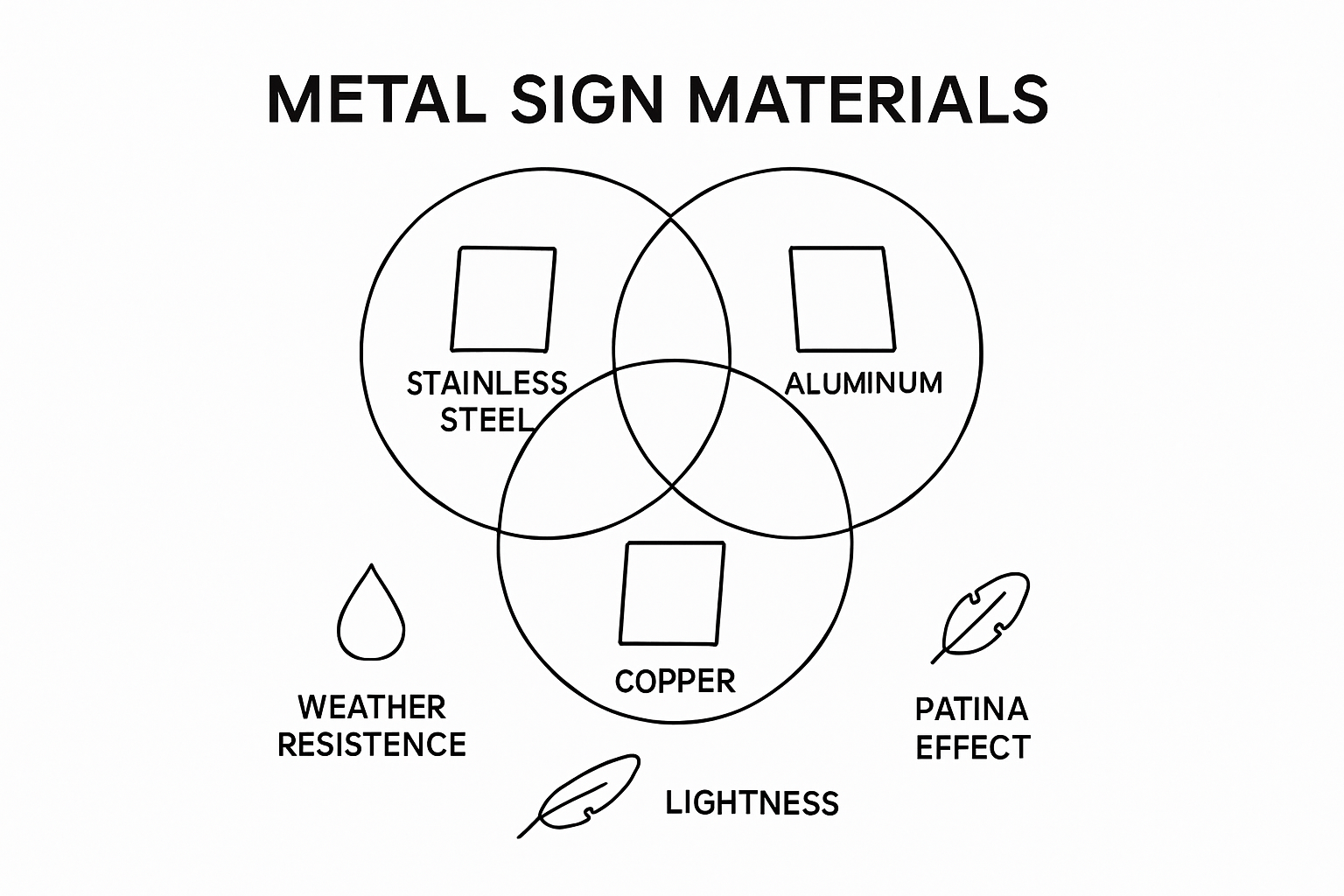 Infographic comparing stainless steel, aluminum, and copper metal signs