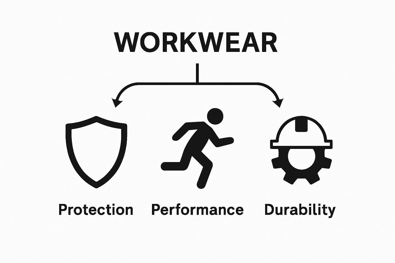 Infographic showing workwear's core functions: protection, performance, durability.