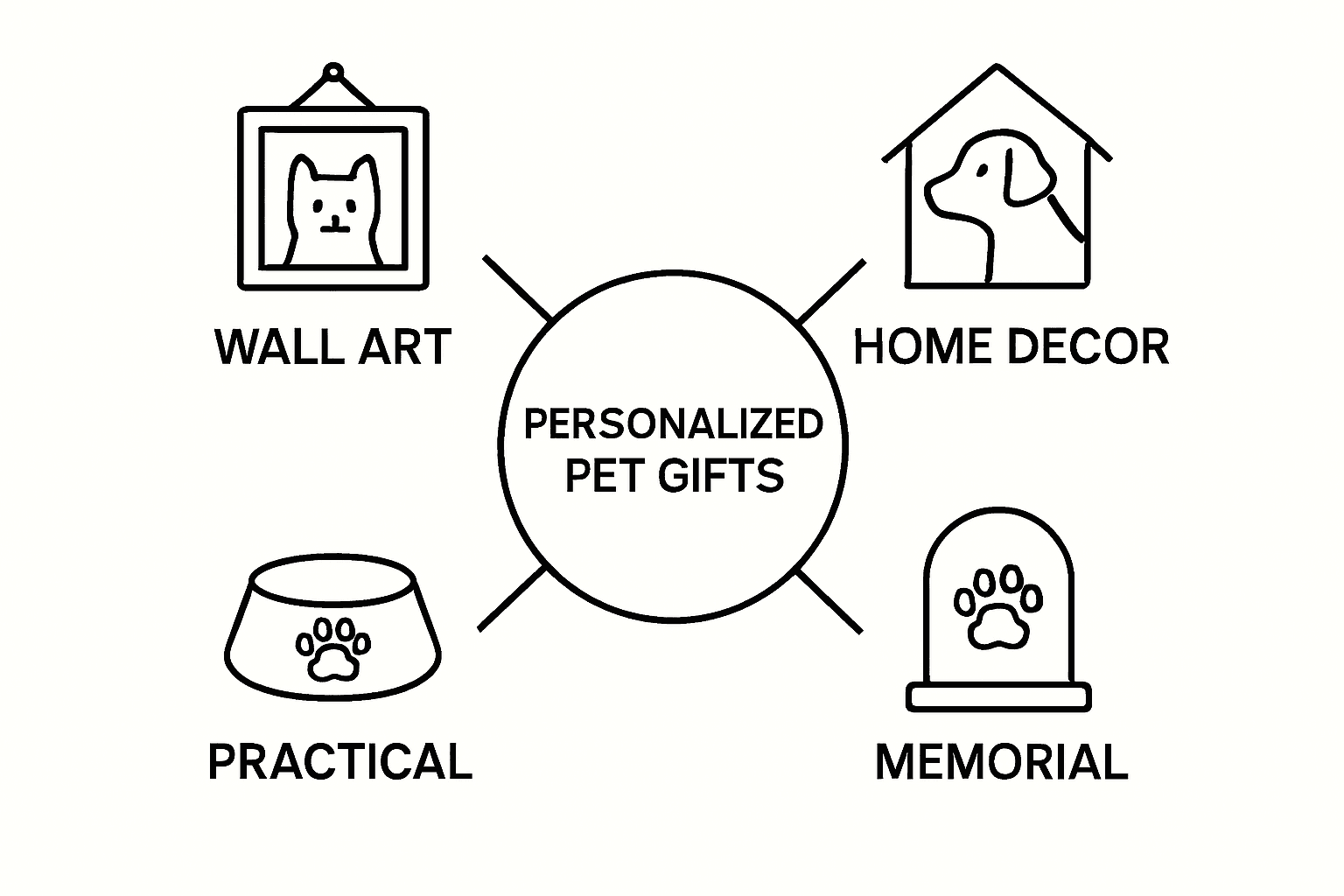 Infographic of four types of personalized pet gifts, with icons for decor, bowls, tags, and memorials.