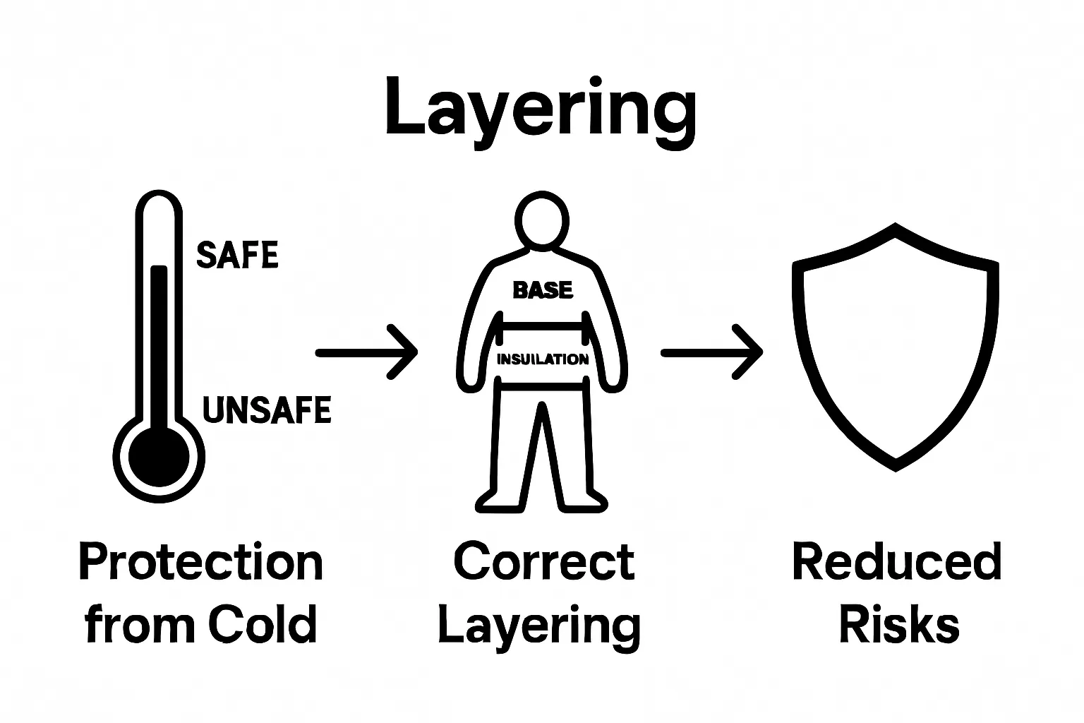 Infographic showing gear layering and cold protection benefits