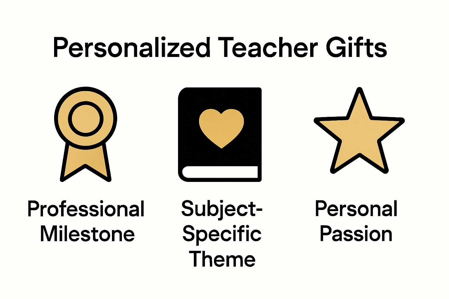 Infographic showing three types of personalized teacher gifts: milestone, subject, passion