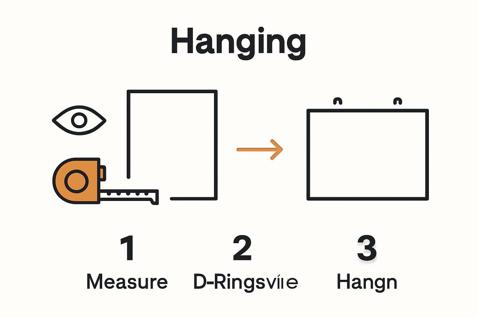 Three-step infographic showing canvas placement, hardware installation, and hanging.