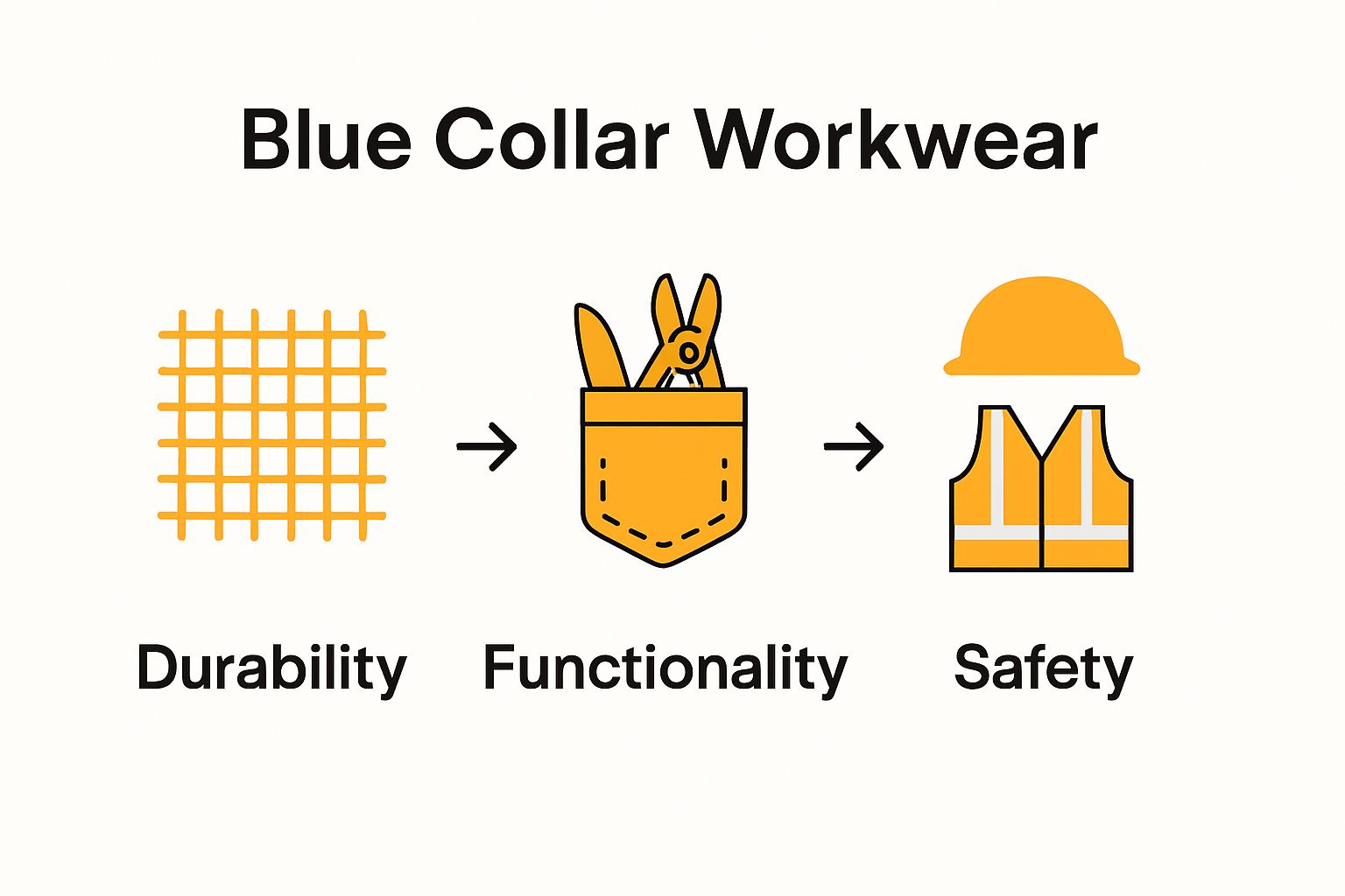 Infographic comparing durability, functionality, and safety in blue collar workwear