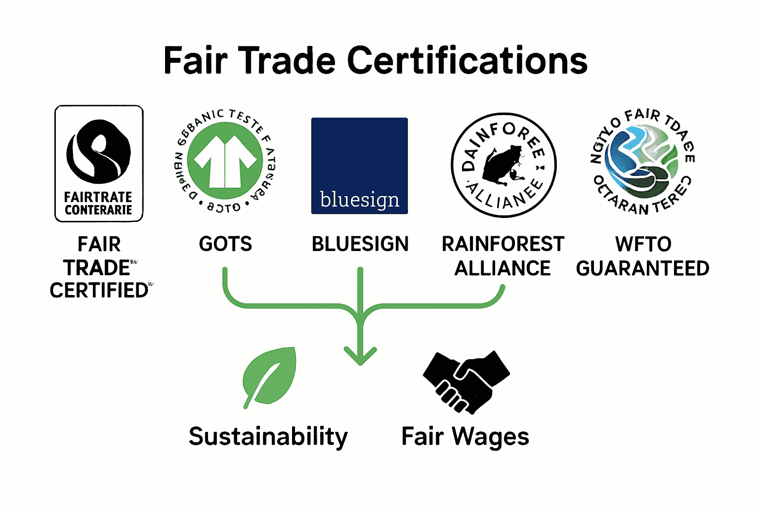 Infographic comparing five major fair trade clothing certifications and their focus areas.
