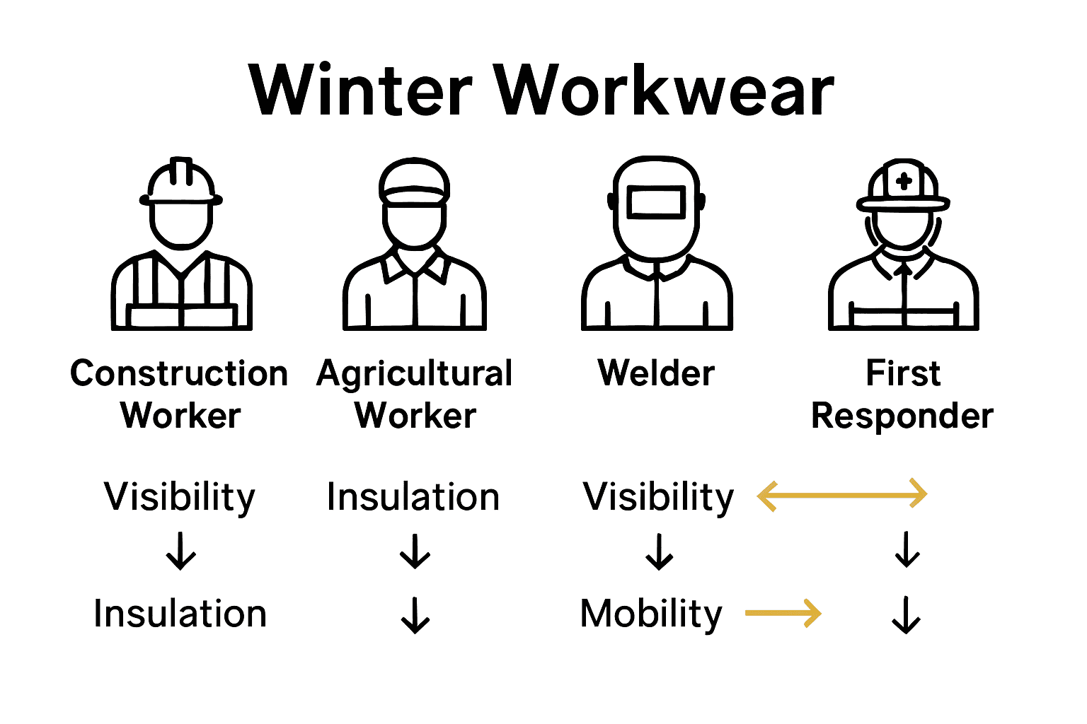 Infographic comparing four job-specific winter workwear needs.
