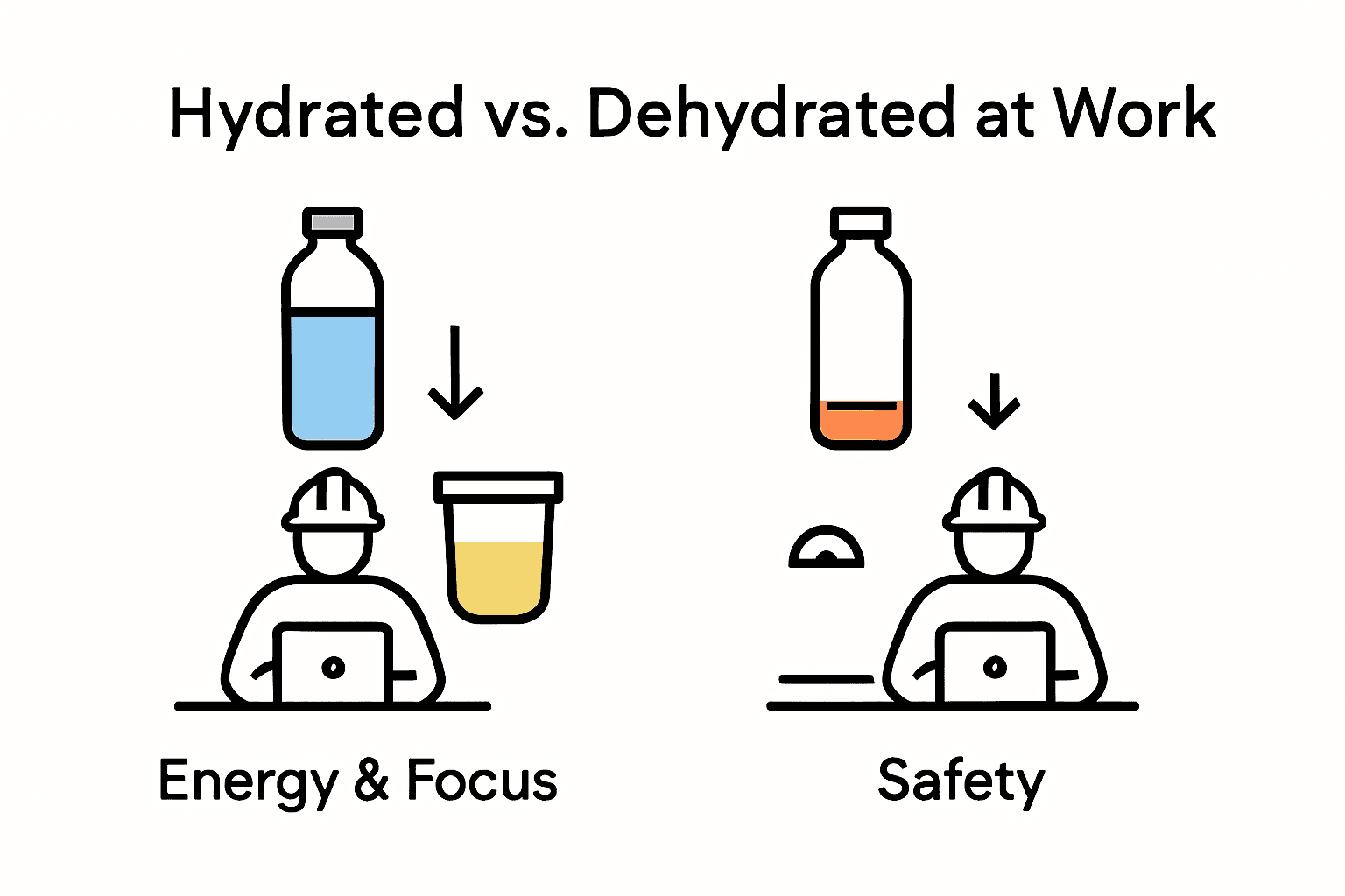 Side-by-side icons show hydrated and dehydrated worker states with water bottle and performance indicators.