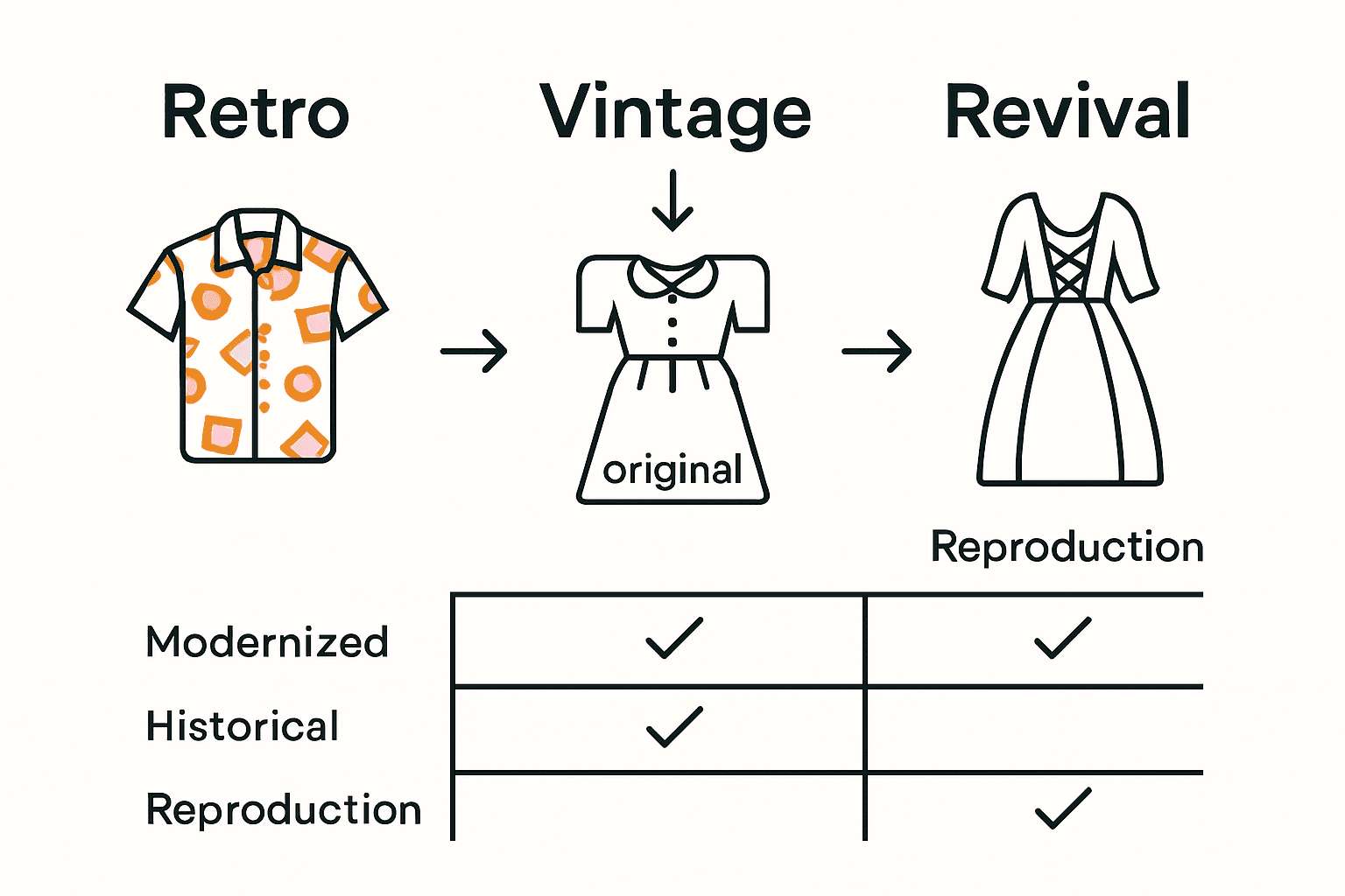 Comparison chart showing retro, vintage, and revival clothing differences