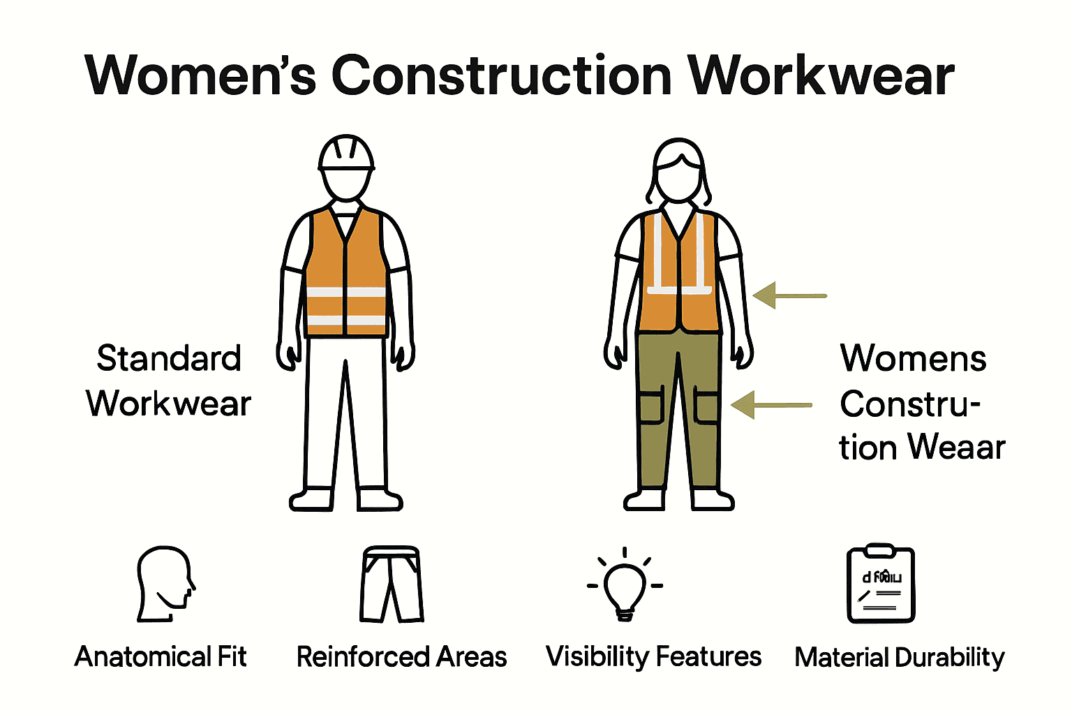 Infographic comparing standard versus women's construction workwear features.