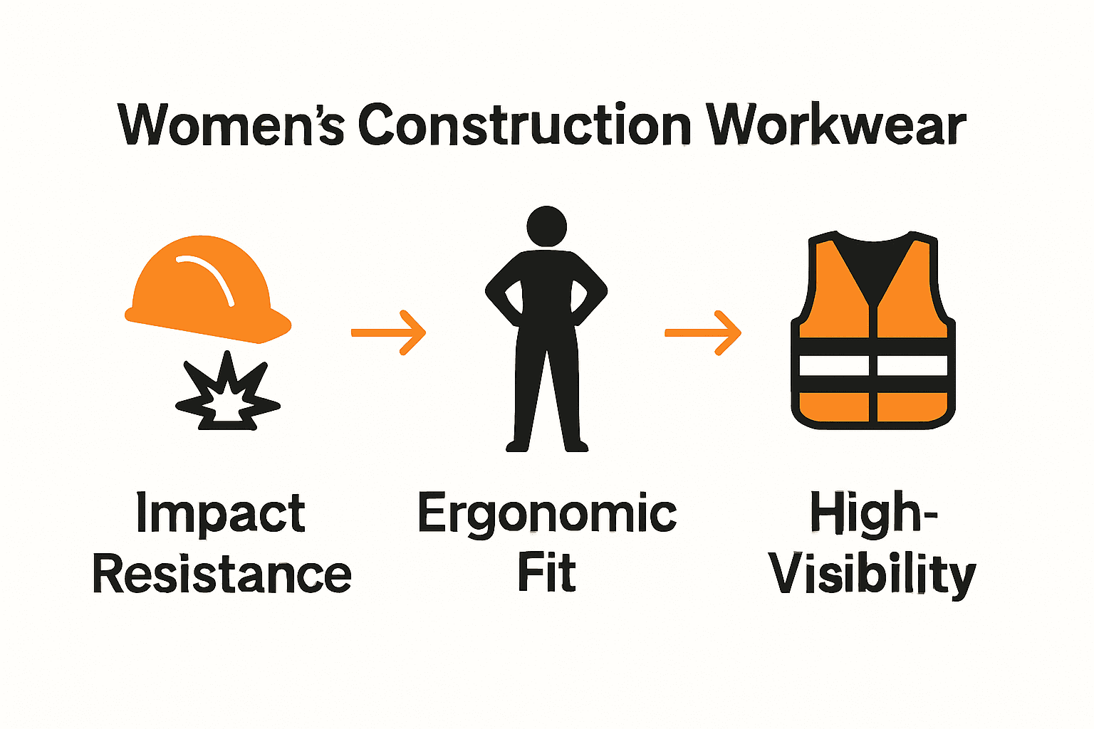 Infographic comparing key features of women’s construction workwear: impact resistance, ergonomic fit, high-visibility.