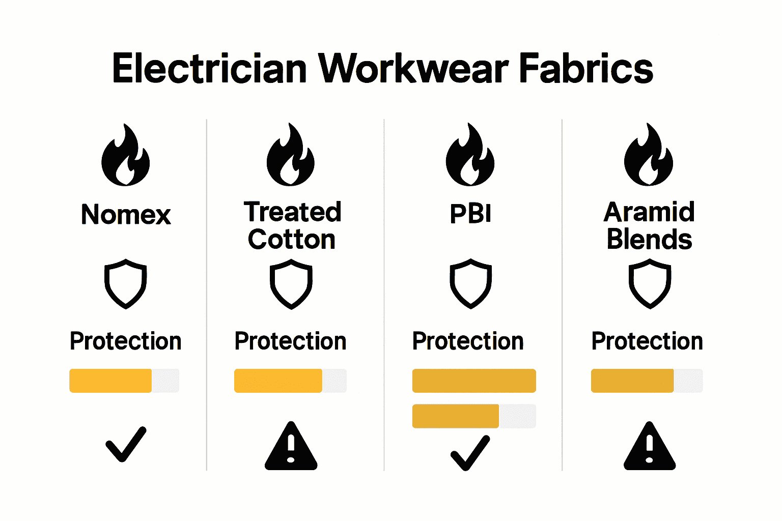 Comparison chart of popular electrician workwear fabrics showing protection and comfort ratings.