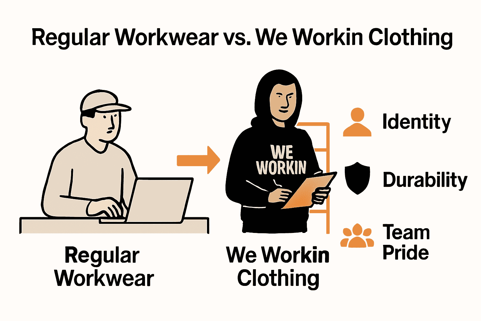 Comparison chart of regular workwear and expressive blue-collar apparel with icons for pride, durability, and community.