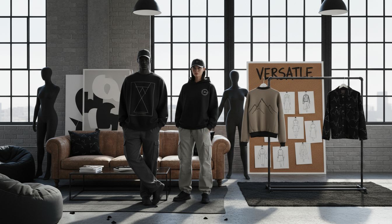 Models and mannequins in unisex oversized streetwear