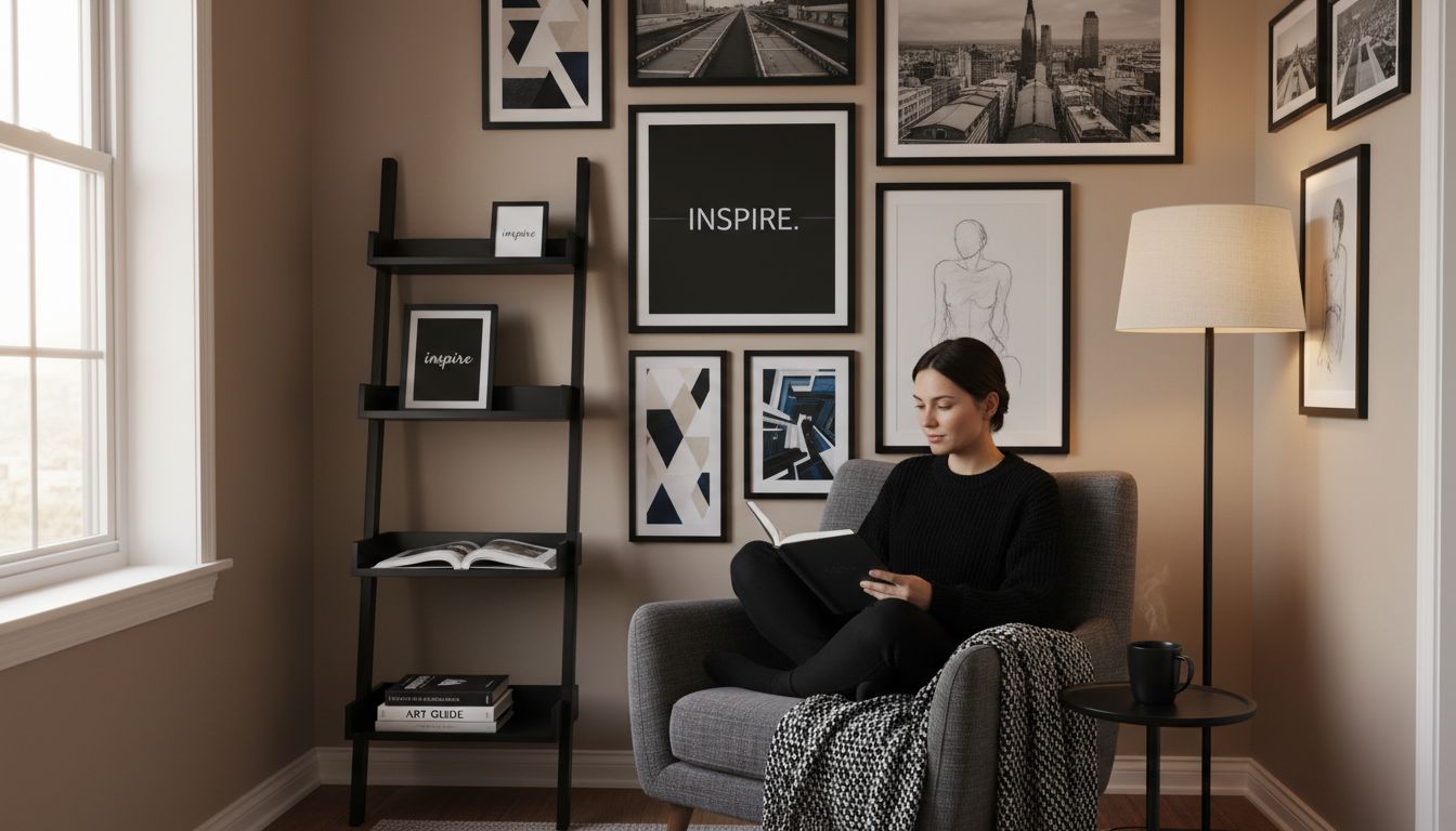 Eclectic gallery wall in reading nook