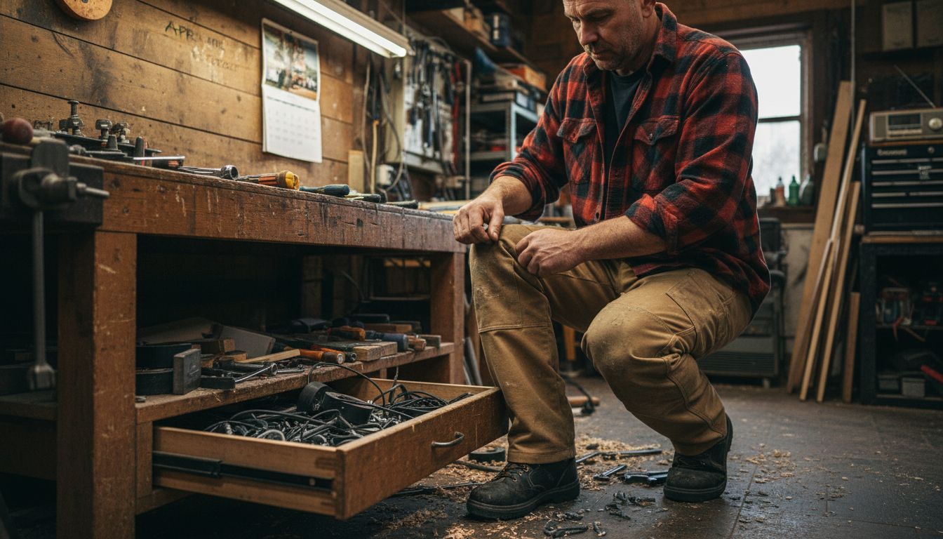 Tradesman checks rugged work pants in workshop