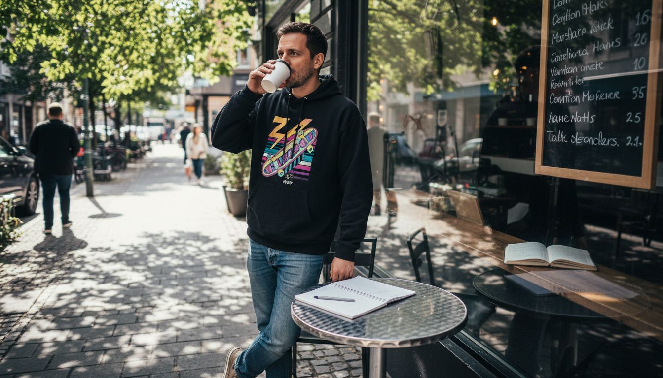 Man wearing retro hoodie at outdoor café
