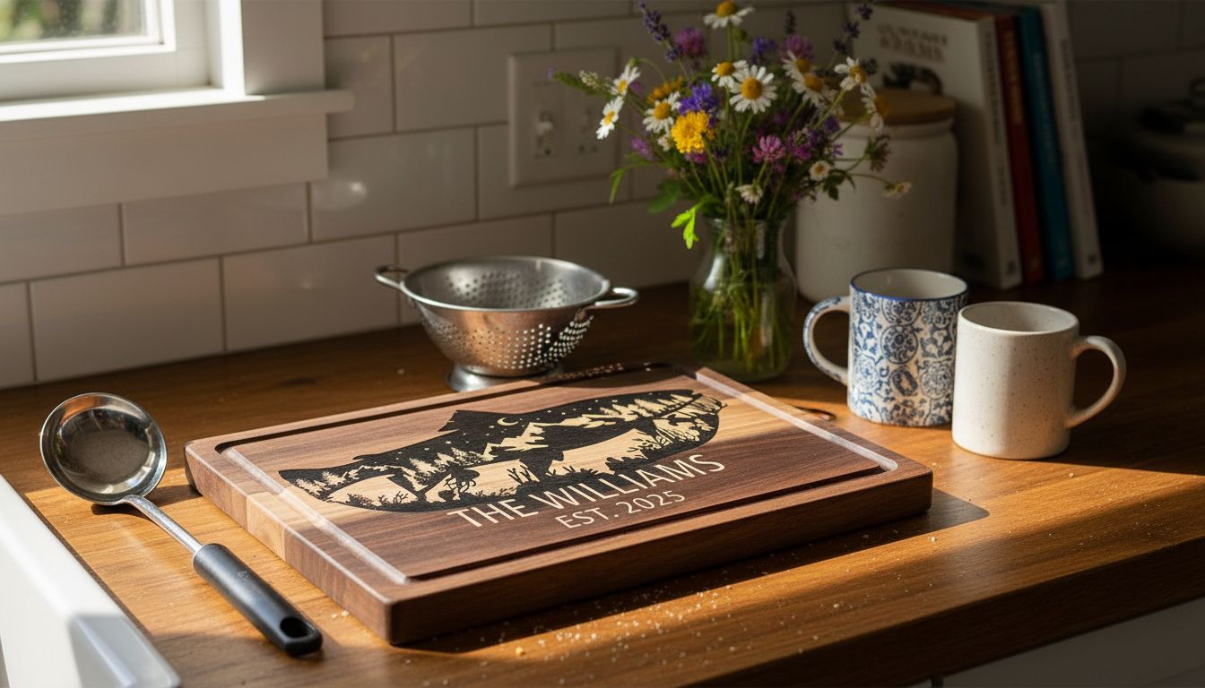Engraved cutting board in cozy kitchen