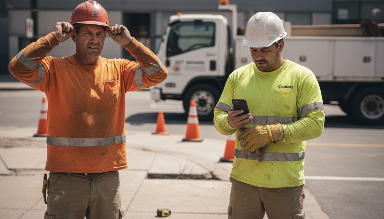 Two workers wearing full PPE on sidewalk
