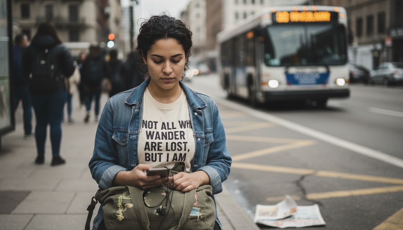 Woman at bus stop in statement slogan tee