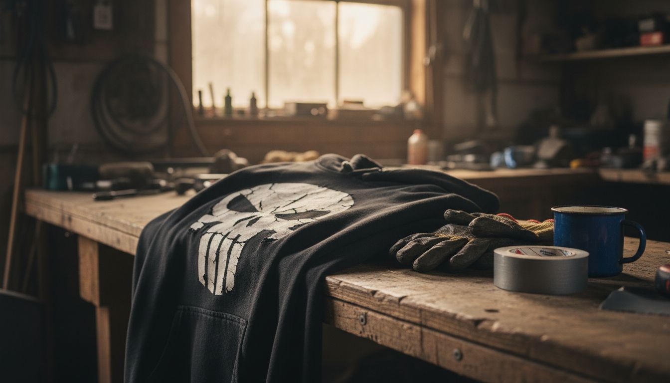 Detail of Punisher hoodie on workbench