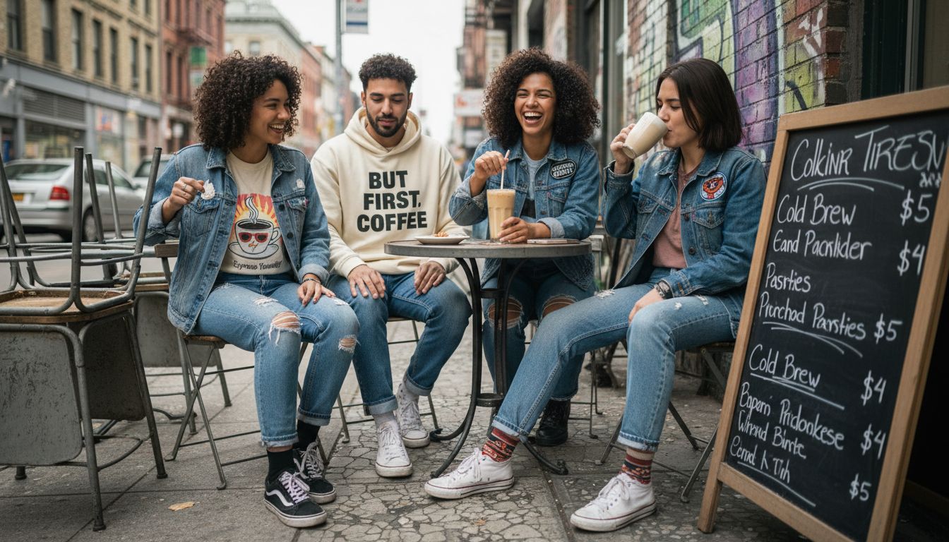 Friends wearing coffee-themed streetwear at café