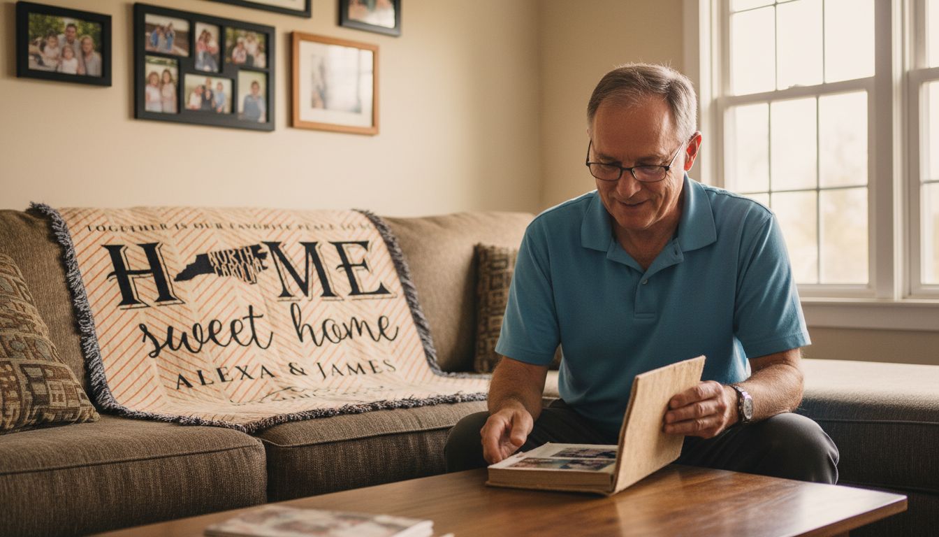 Father opens homemade photo album gift