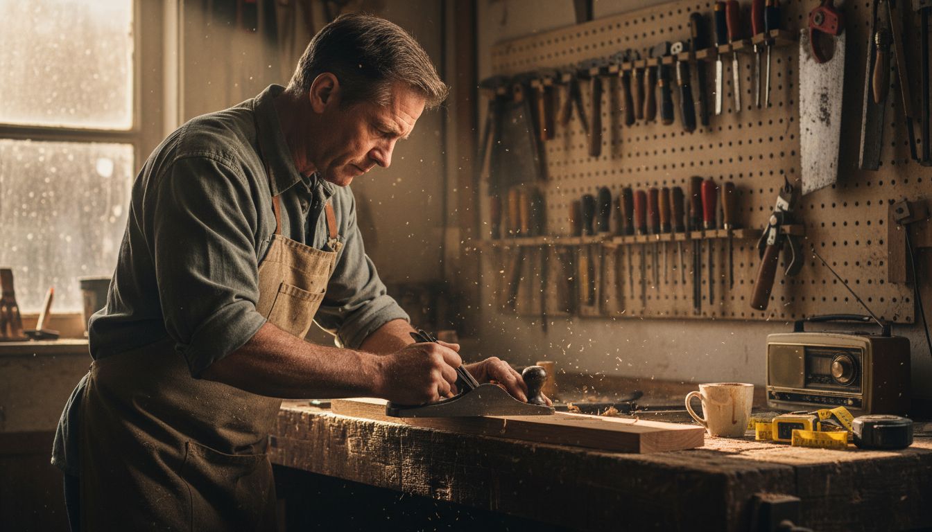 Craftsman woodworking in sunlit small workshop