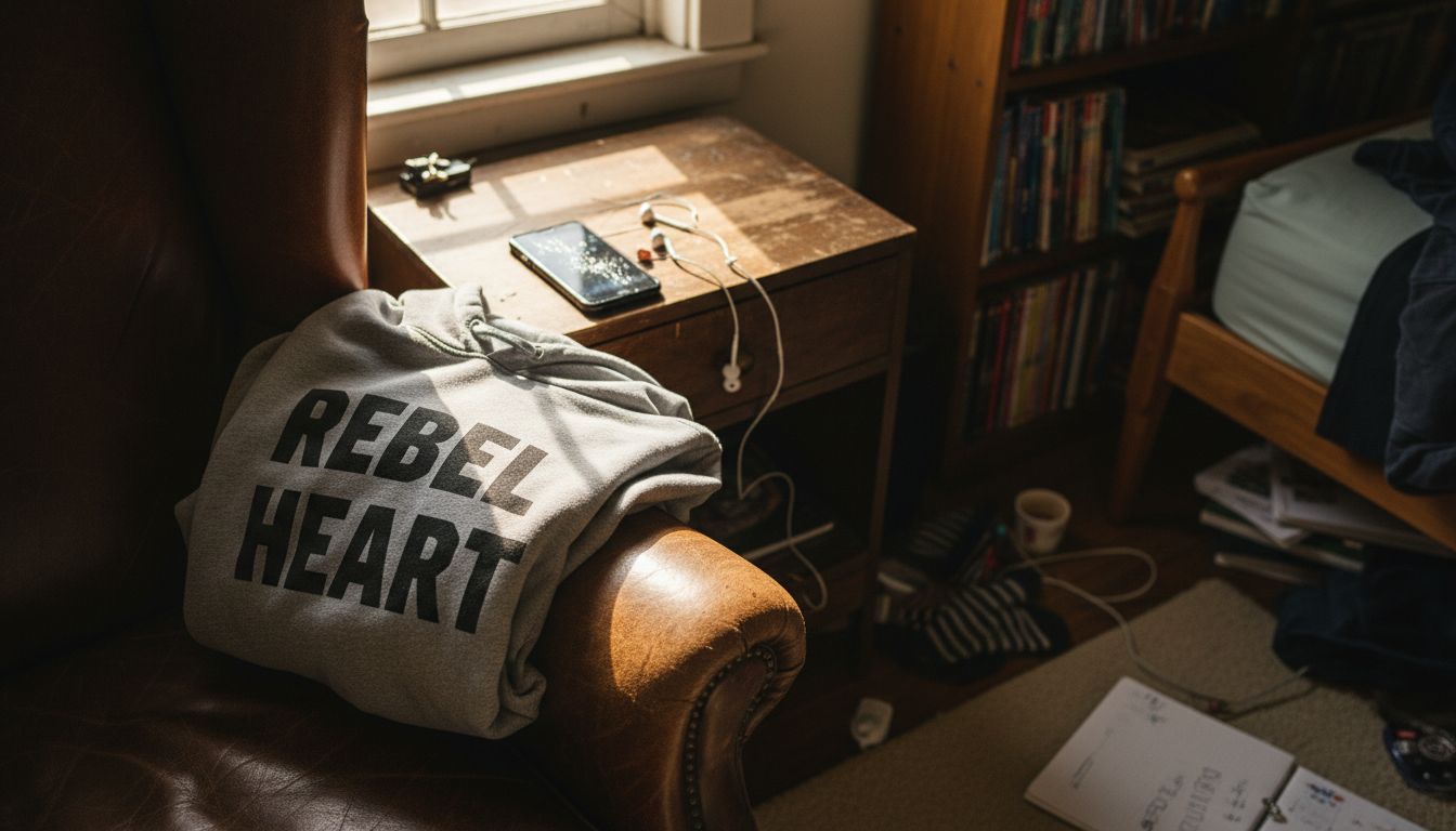 Hoodie design details on chair in bedroom