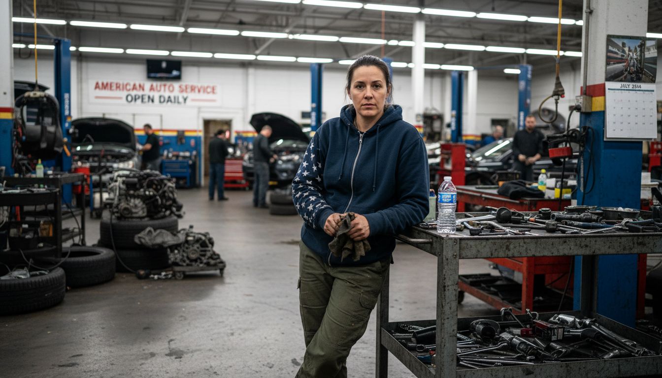 Female mechanic in patriotic rugged apparel