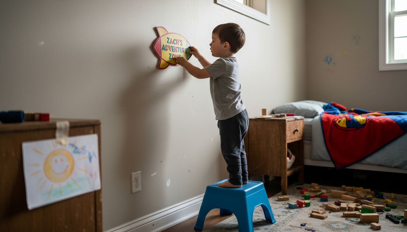 Boy taping name sign in child’s room