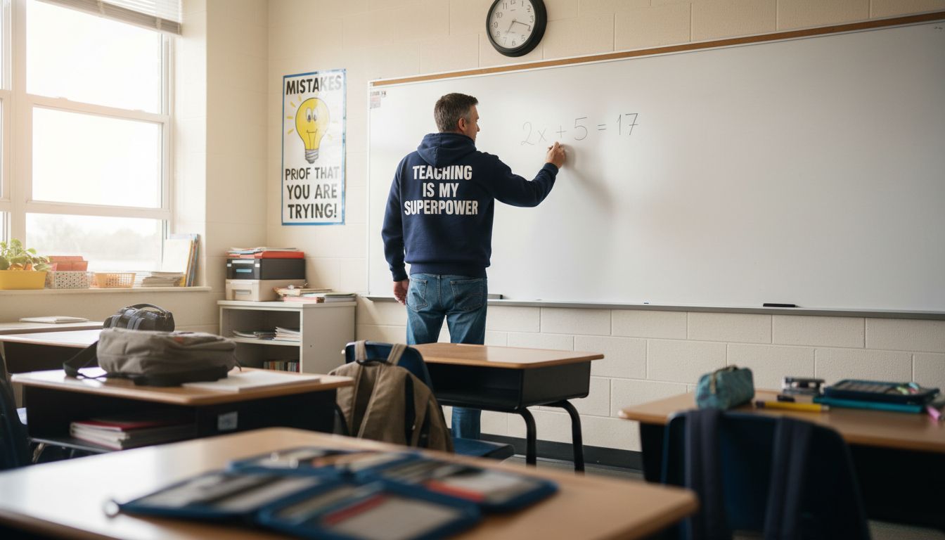 Teacher in hoodie writing on whiteboard